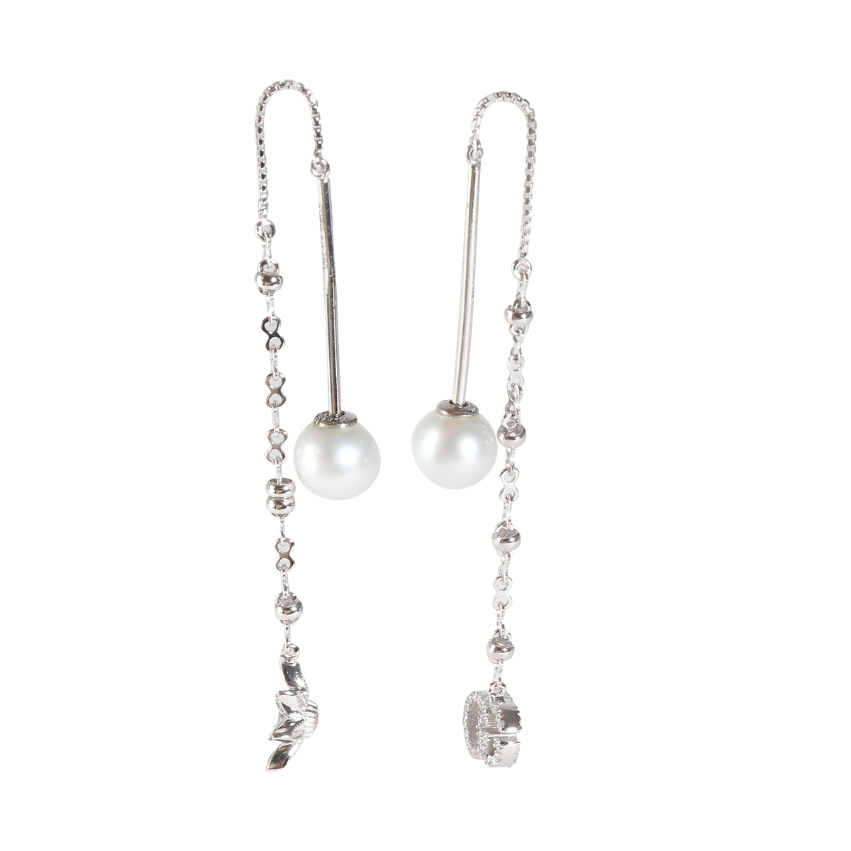 Flora Diamond & Pearl Threader Earrings in 18k White Gold 0.24 CTW