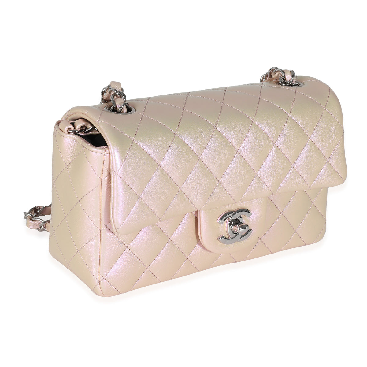 21K Pink Iridescent Quilted Lambskin Mini Rectangular Flap Bag