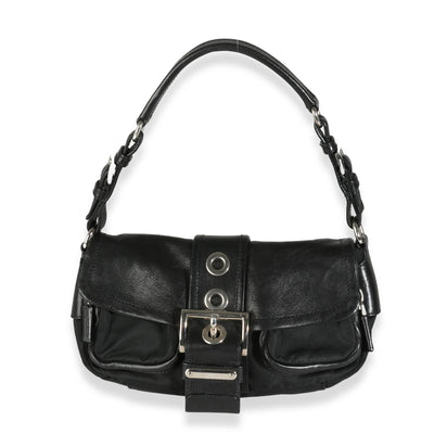 Black Calfskin Nylon Front Buckle Shoulder Bag