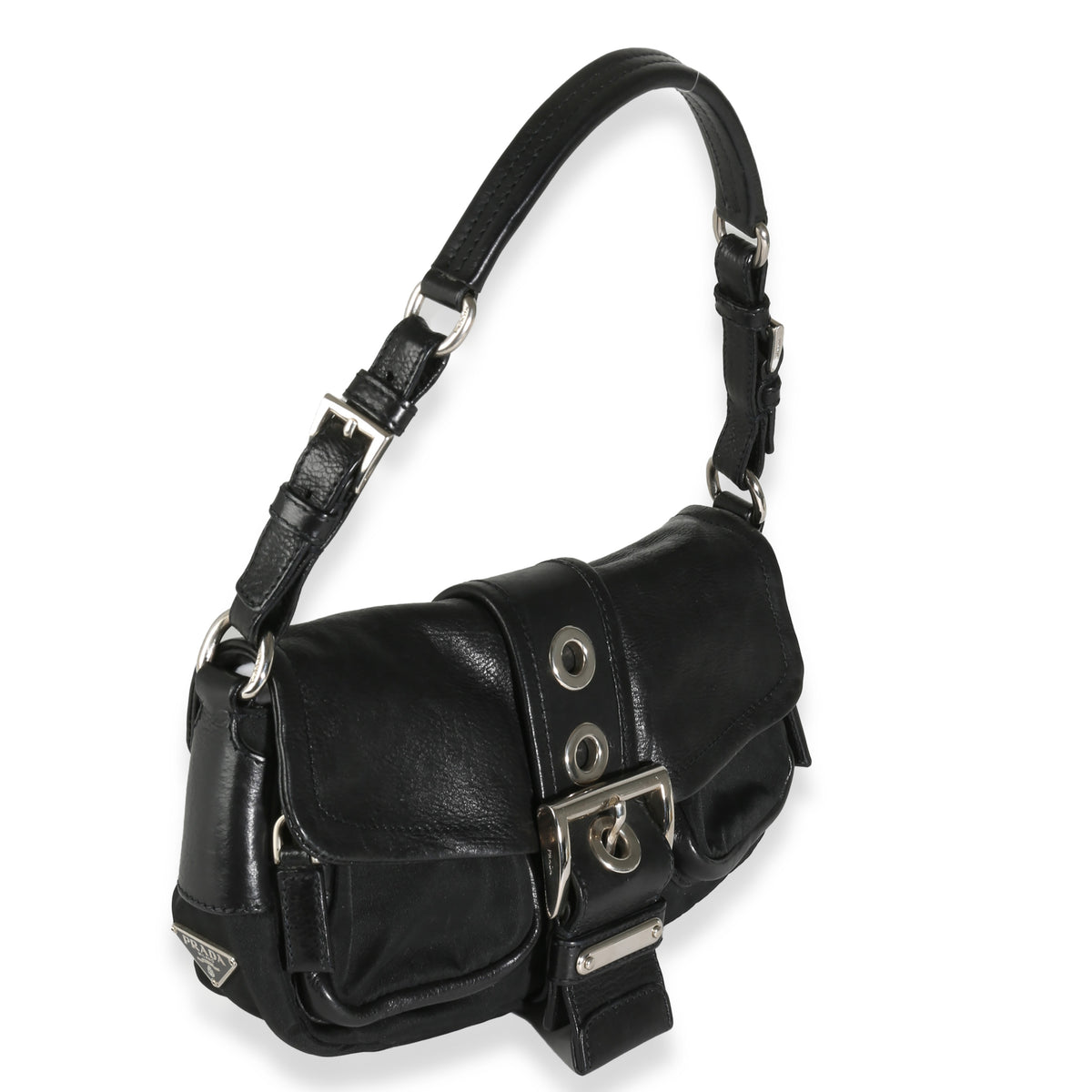 Black Calfskin Nylon Front Buckle Shoulder Bag