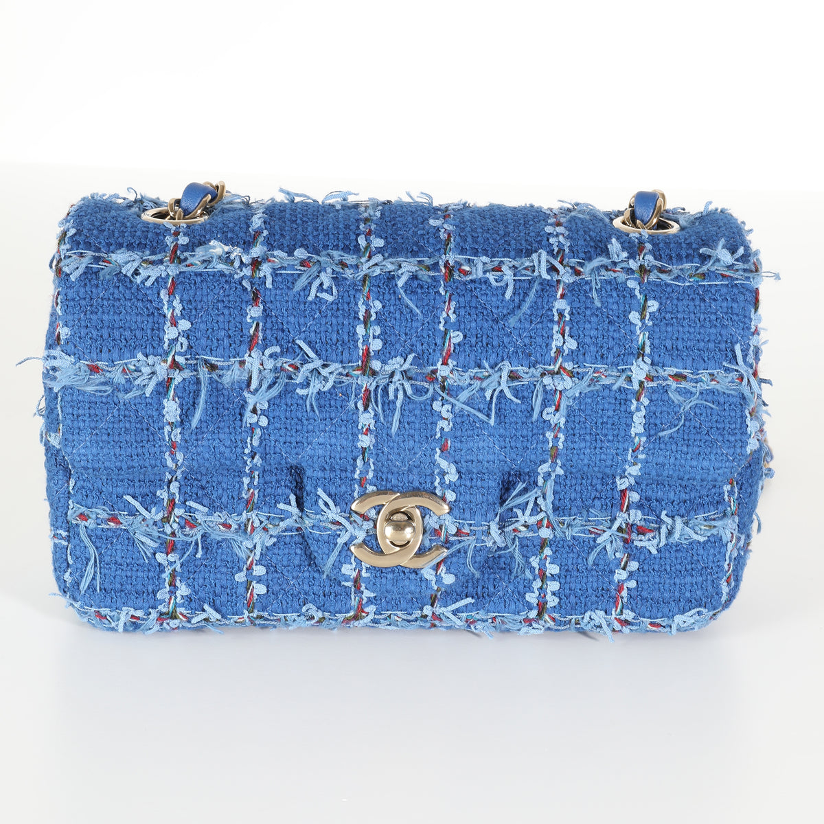 Navy Frayed Denim Tweed Mini Rectangular Flap Bag