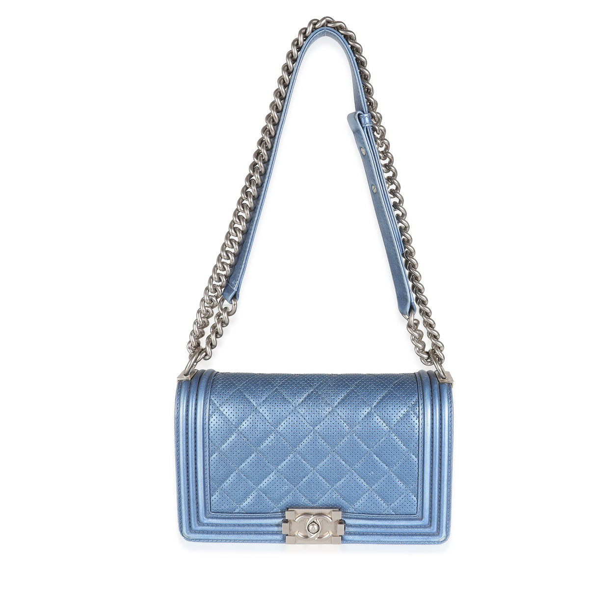 Blue Metallic Quilted Lambskin Perforated Old Medium Boy Bag