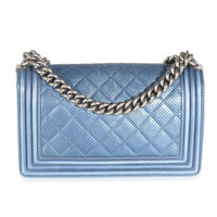 Blue Metallic Quilted Lambskin Perforated Old Medium Boy Bag