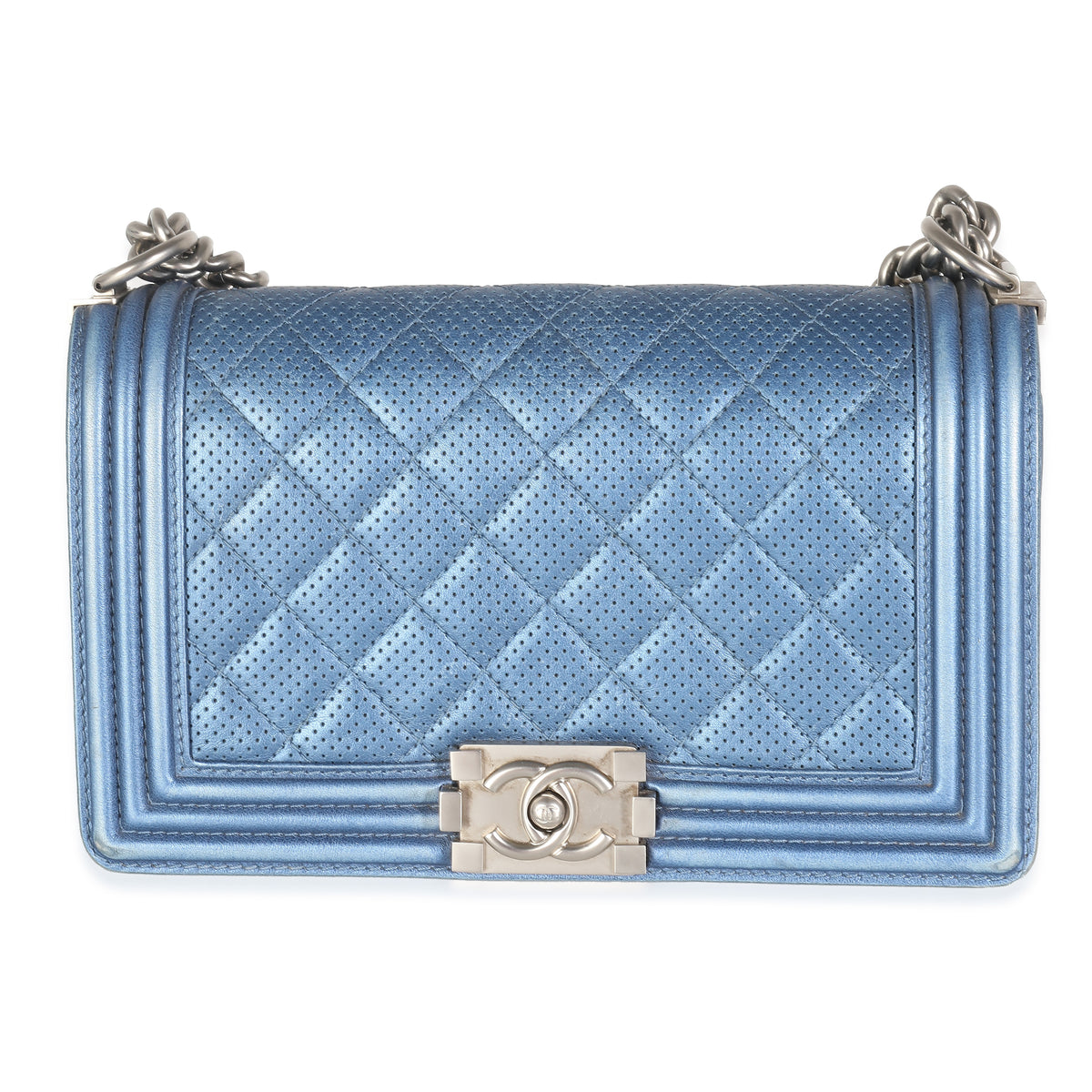 Blue Metallic Quilted Lambskin Perforated Old Medium Boy Bag