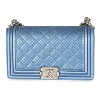 Blue Metallic Quilted Lambskin Perforated Old Medium Boy Bag