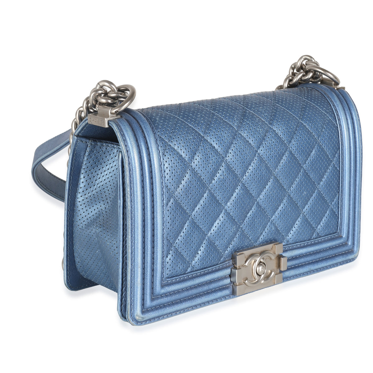 Blue Metallic Quilted Lambskin Perforated Old Medium Boy Bag