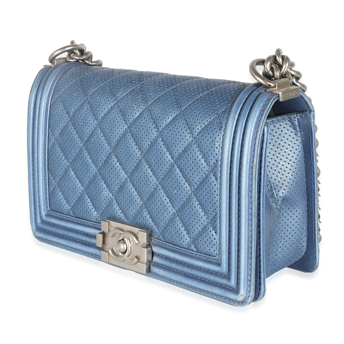 Blue Metallic Quilted Lambskin Perforated Old Medium Boy Bag