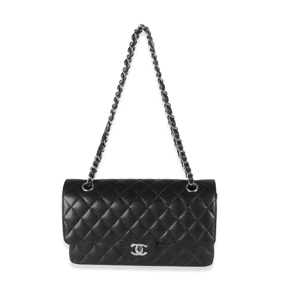 Black Quilted Caviar Medium Classic Double Flap Handbag