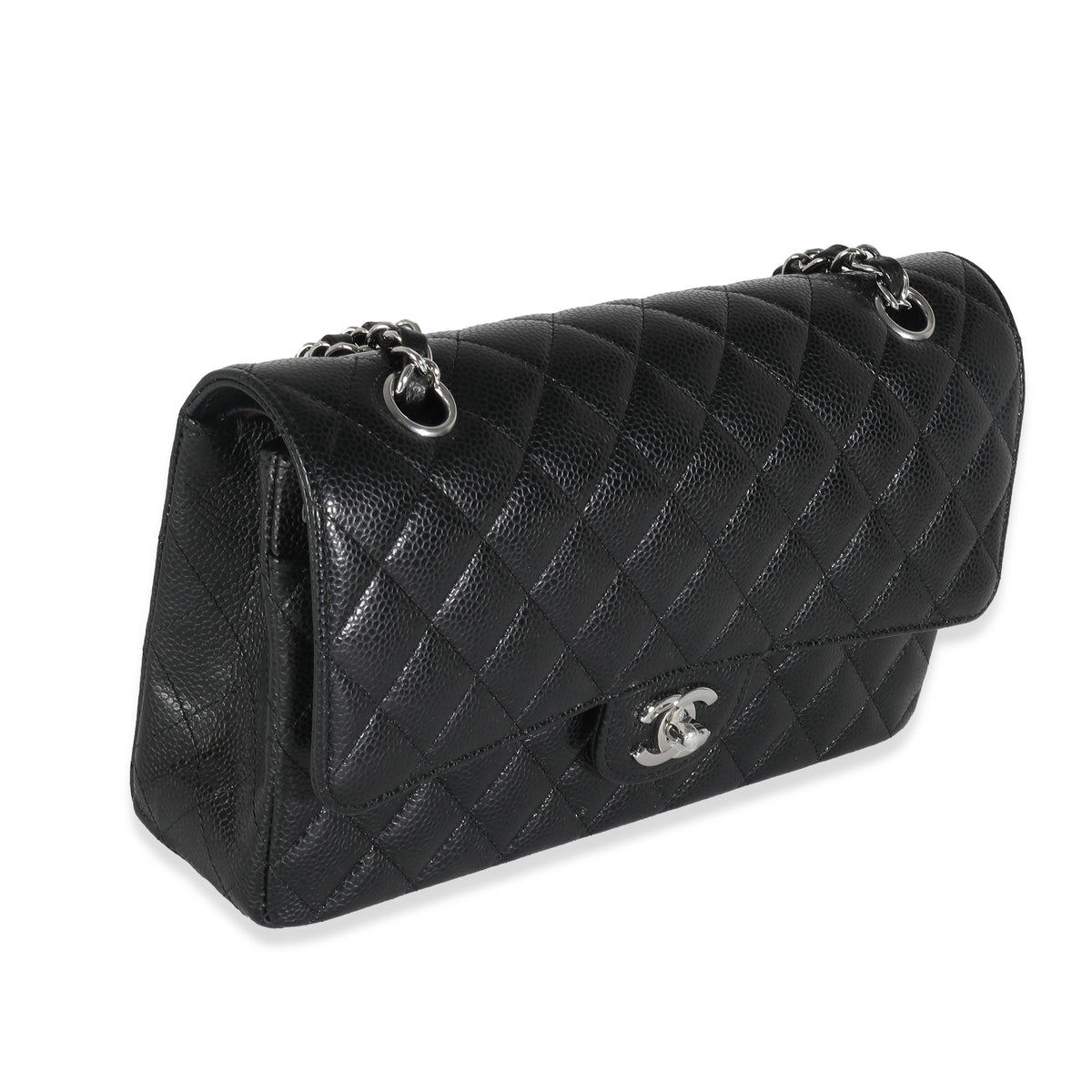 Black Quilted Caviar Medium Classic Double Flap Handbag