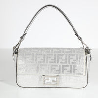 Silver Suede FF Crystal Iconic Medium Baguette Bag