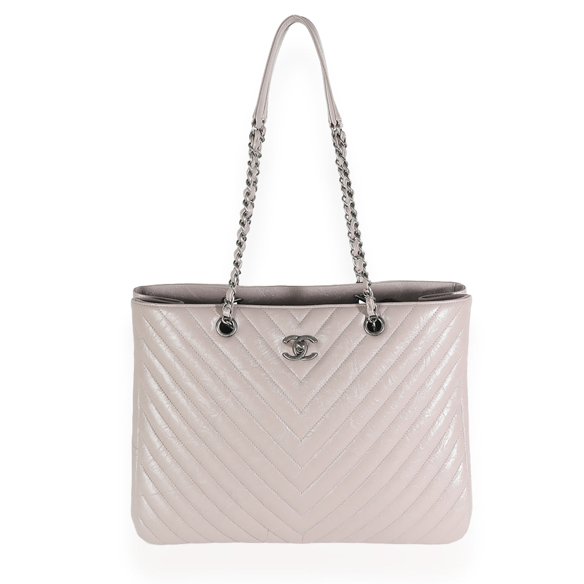 Grey Chevron Quilted Aged Calfskin Large Shopping Tote