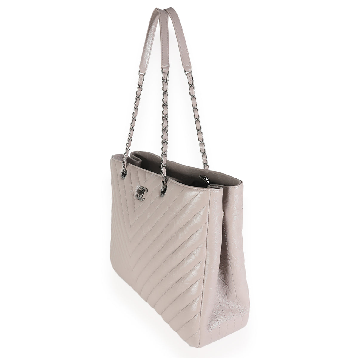 Grey Chevron Quilted Aged Calfskin Large Shopping Tote