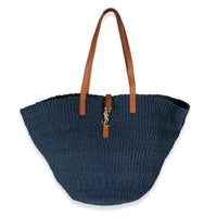 Navy Raffia Calfskin Medium Panier Tote