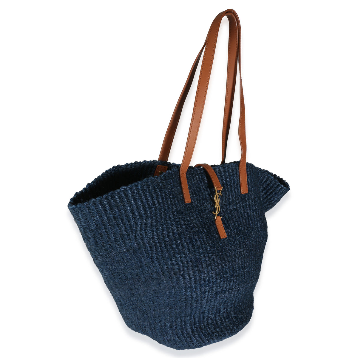 Navy Raffia Calfskin Medium Panier Tote