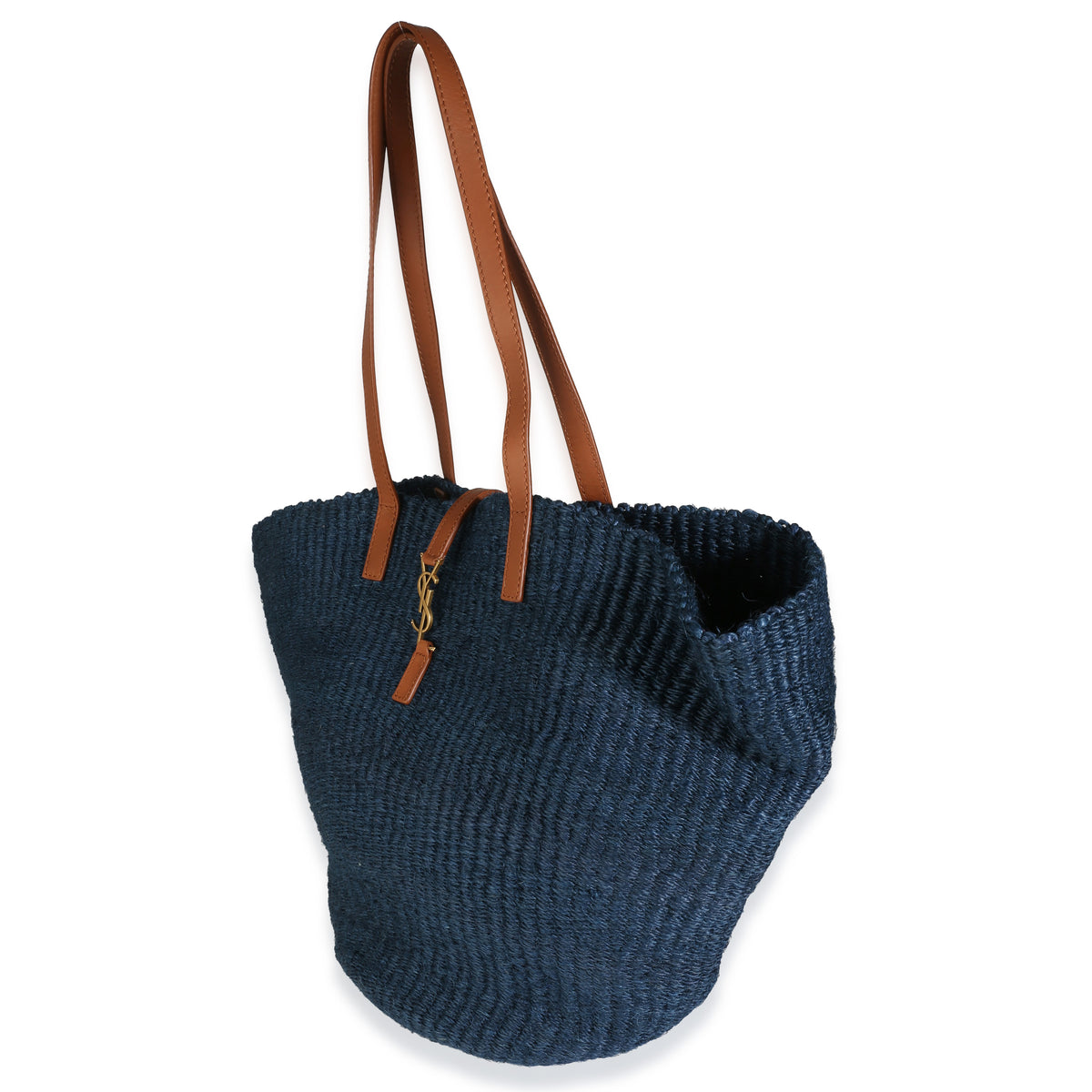 Navy Raffia Calfskin Medium Panier Tote