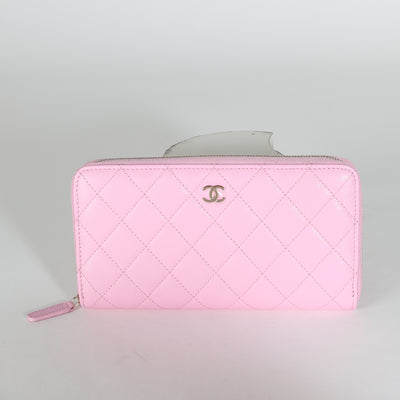 23P Pink Quilted Caviar Long Zip Around Wallet