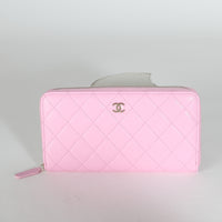 23P Pink Quilted Caviar Long Zip Around Wallet