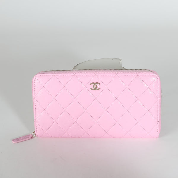 23P Pink Quilted Caviar Long Zip Around Wallet