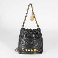 Black Shiny Quilted Calfskin Mini Chanel 22
