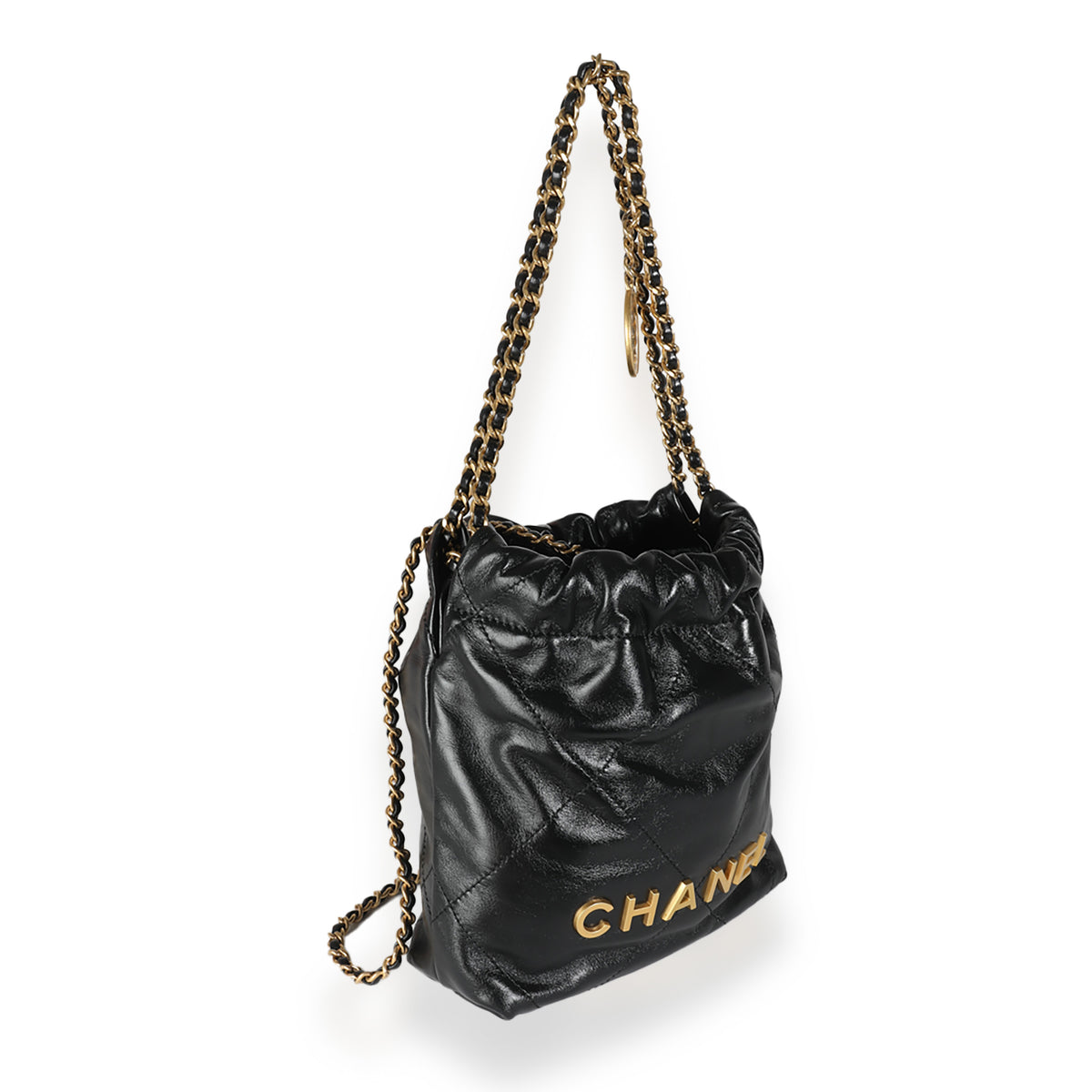 Black Shiny Quilted Calfskin Mini Chanel 22