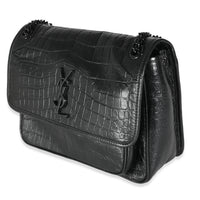 Black Crinkled Calfskin Croc Embossed Medium Niki Chain Satchel