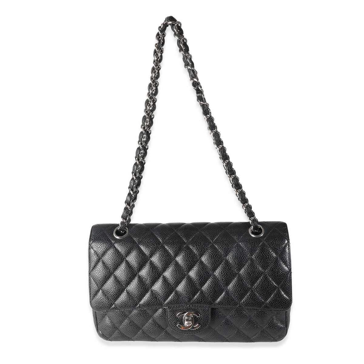 Black Quilted Caviar Medium Classic Double Flap Handbag