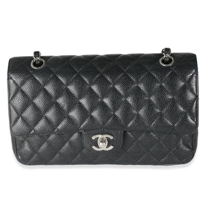 Black Quilted Caviar Medium Classic Double Flap Handbag