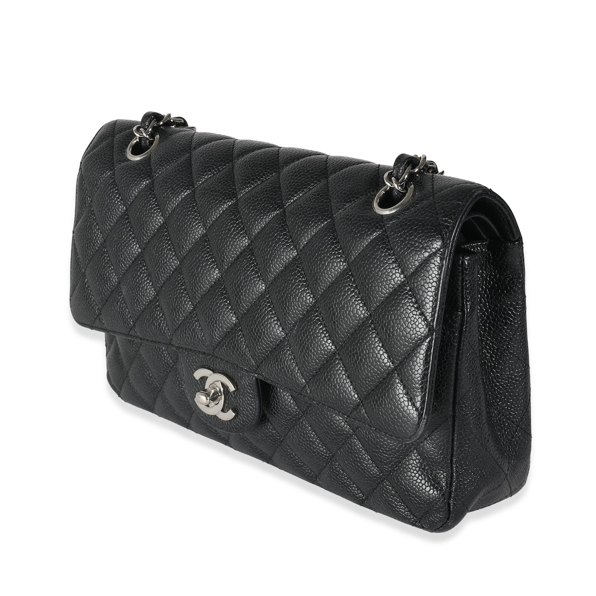 Black Quilted Caviar Medium Classic Double Flap Handbag