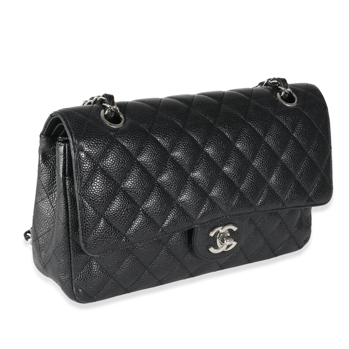 Black Quilted Caviar Medium Classic Double Flap Handbag