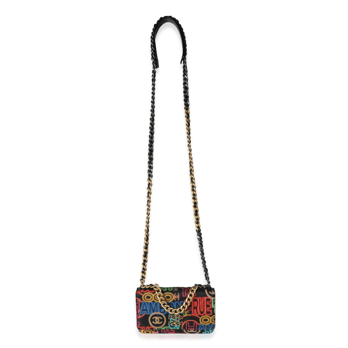 Black Multicolor Fabric Printed Chanel 19 Wallet On Chain