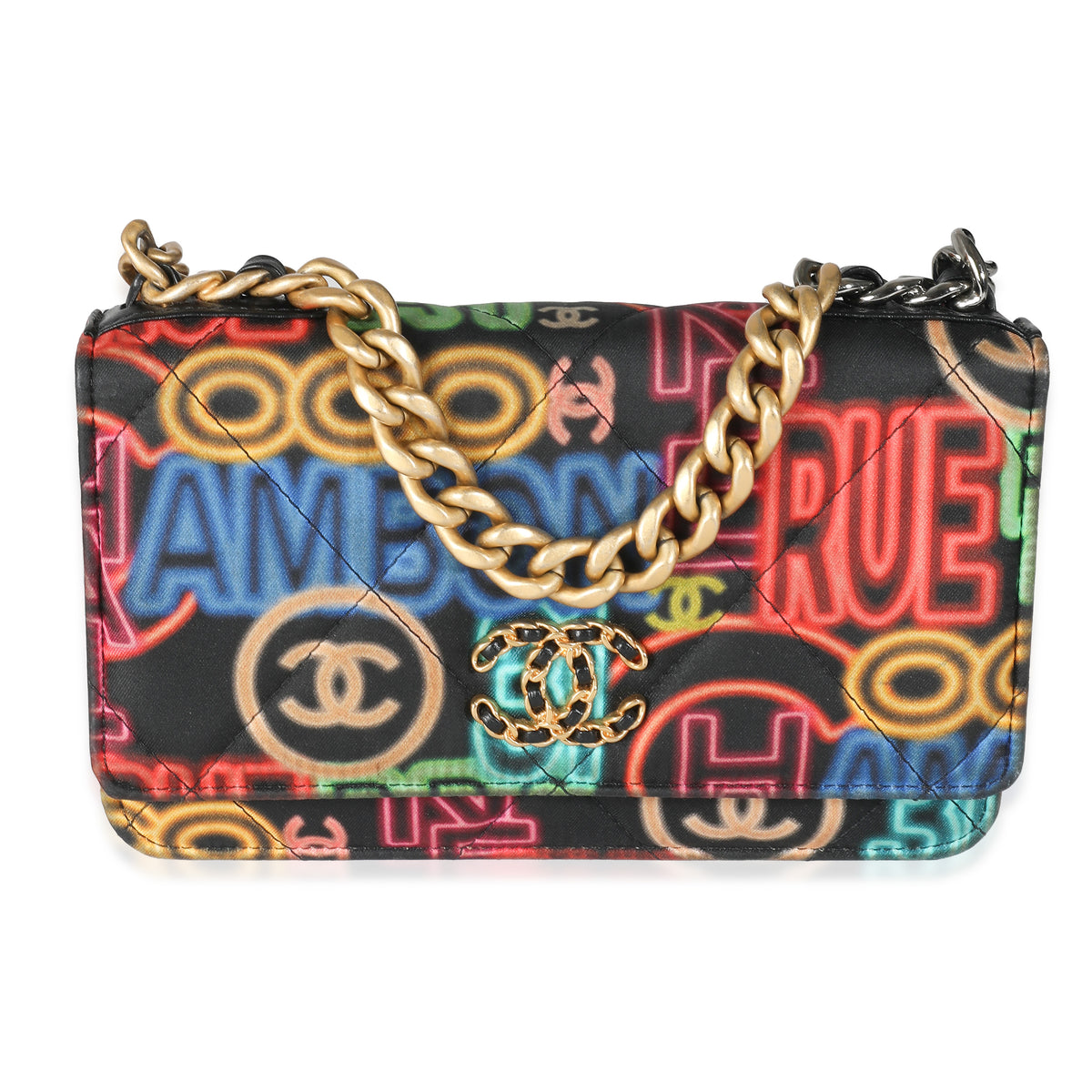 Black Multicolor Fabric Printed Chanel 19 Wallet On Chain