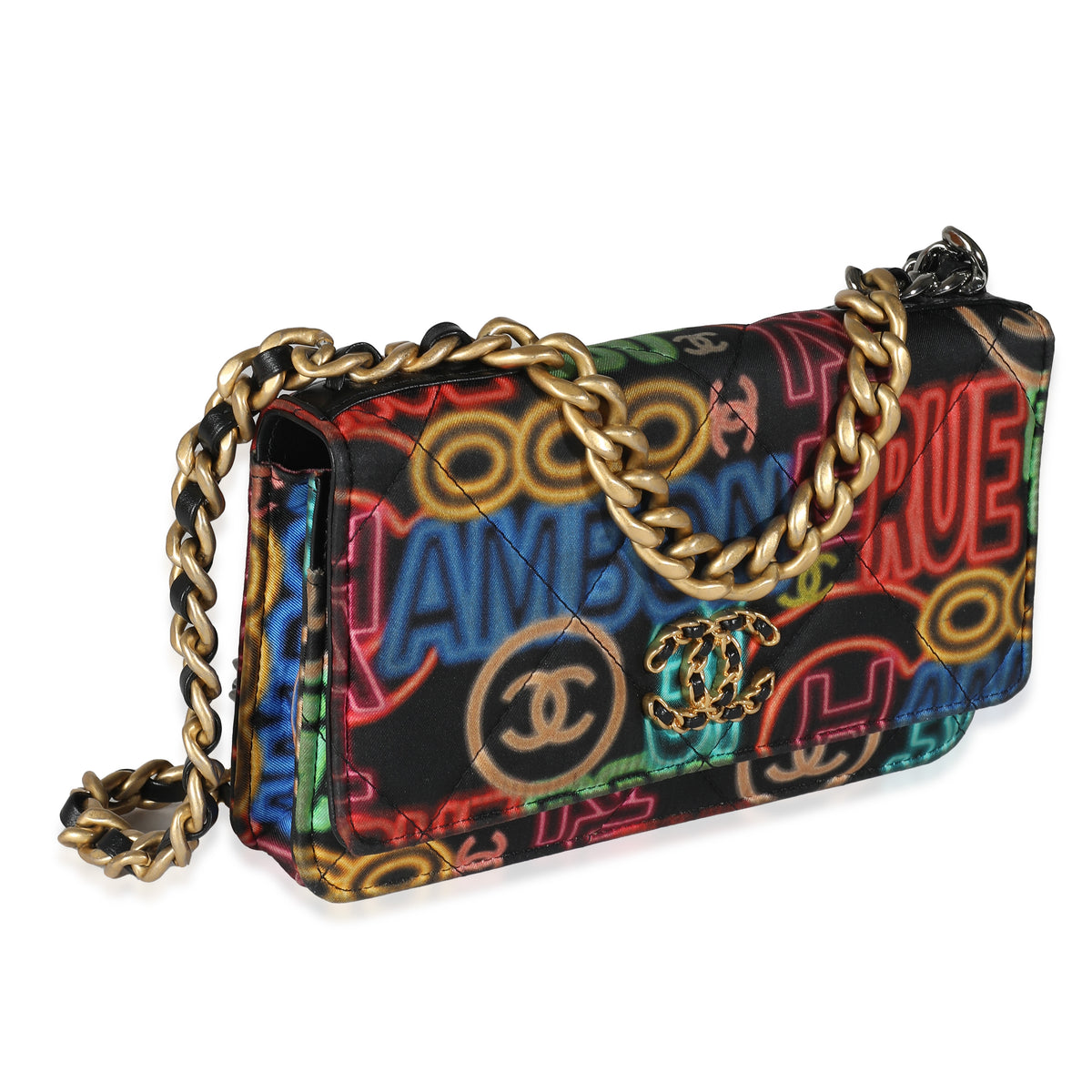 Black Multicolor Fabric Printed Chanel 19 Wallet On Chain