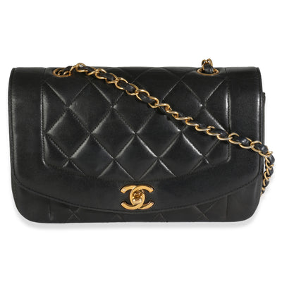 24K Black Quilted Lambskin Small Diana Flap Bag