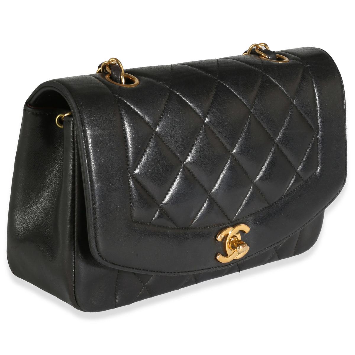 24K Black Quilted Lambskin Small Diana Flap Bag