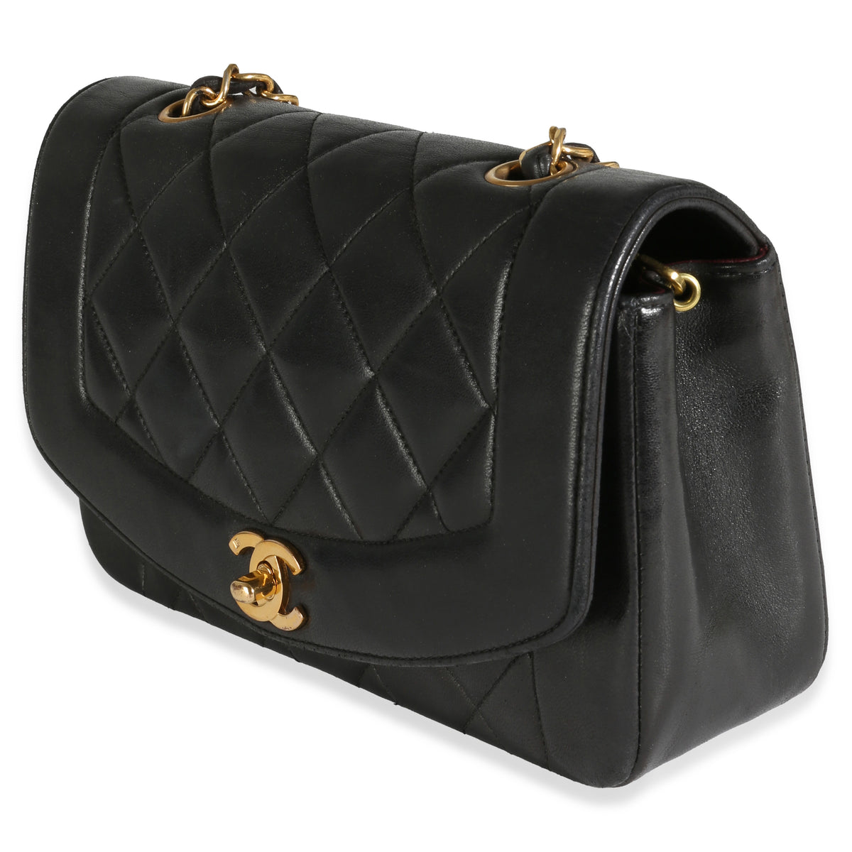 24K Black Quilted Lambskin Small Diana Flap Bag