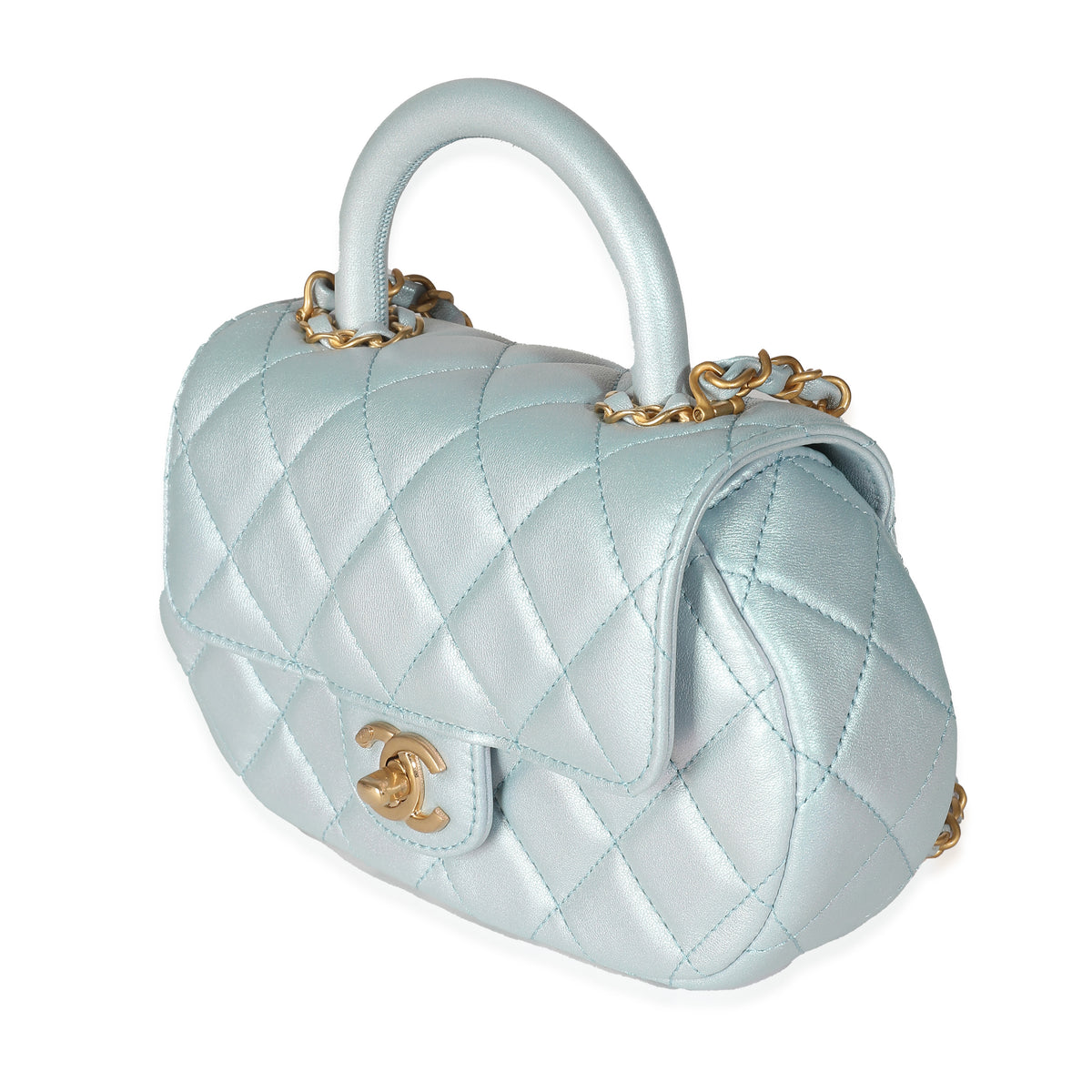 24C Light Blue Iridescent Quilted Lambskin Small Top Handle Bag