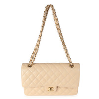 Beige Quilted Caviar Medium Classic Double Flap Handbag