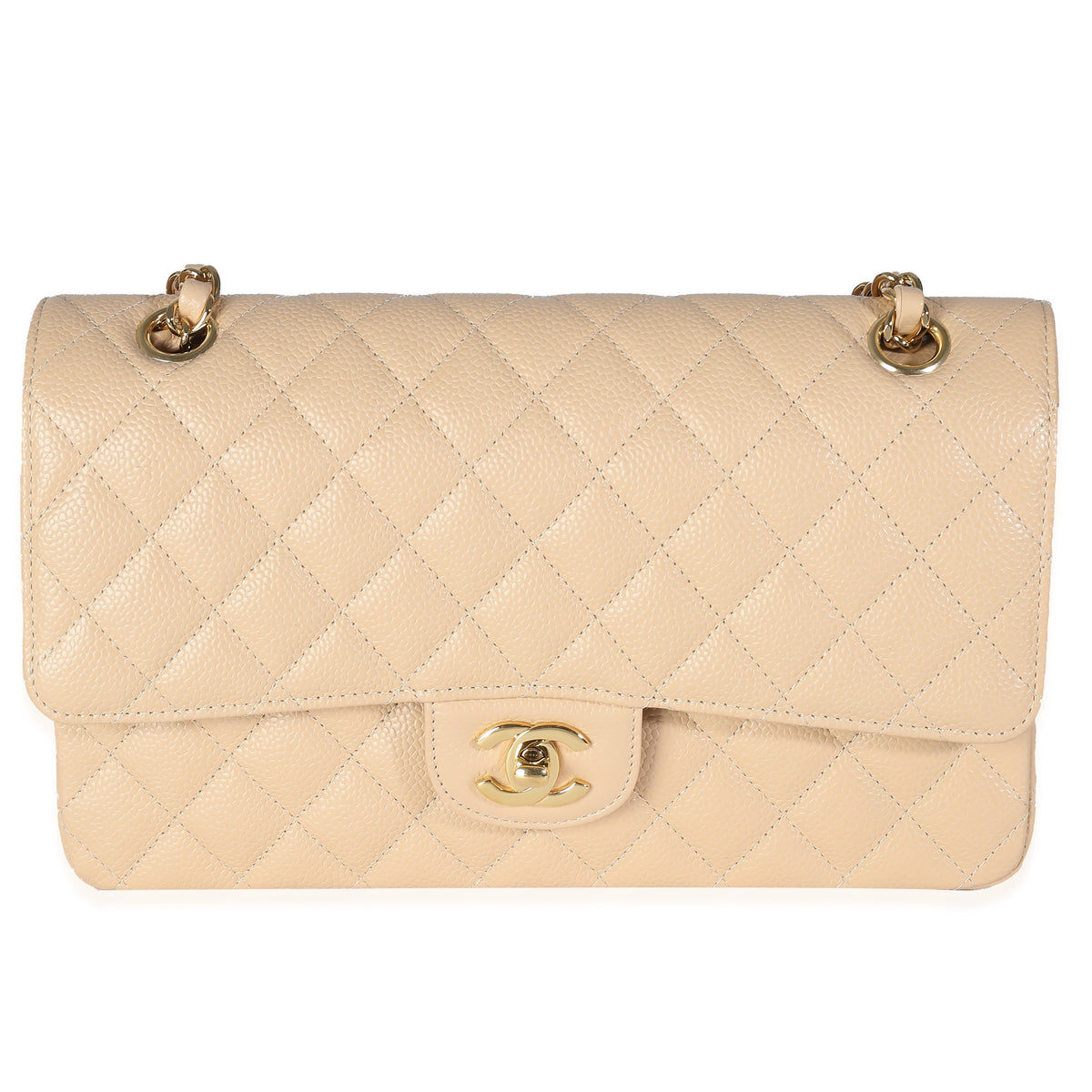 Beige Quilted Caviar Medium Classic Double Flap Bag