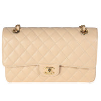 Beige Quilted Caviar Medium Classic Double Flap Handbag