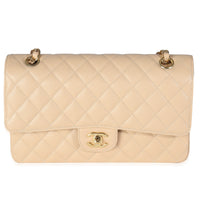 Beige Quilted Caviar Medium Classic Double Flap Handbag