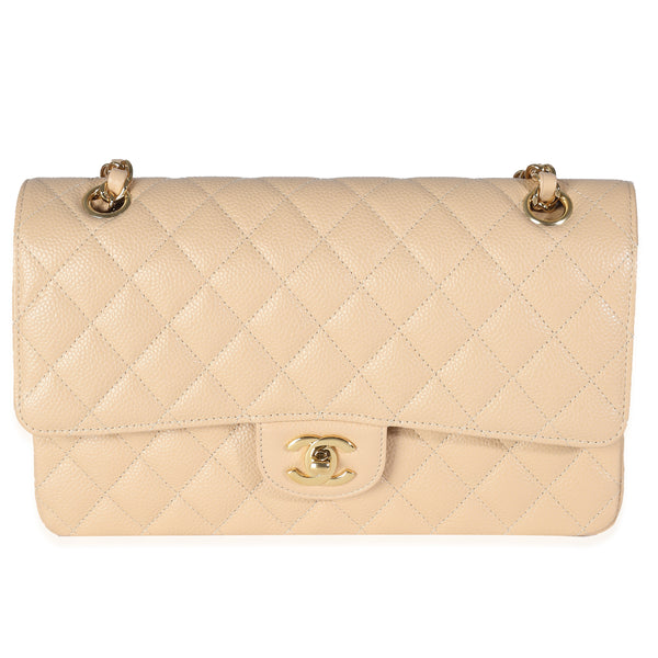 Beige Quilted Caviar Medium Classic Double Flap Bag