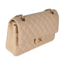 Beige Quilted Caviar Medium Classic Double Flap Handbag