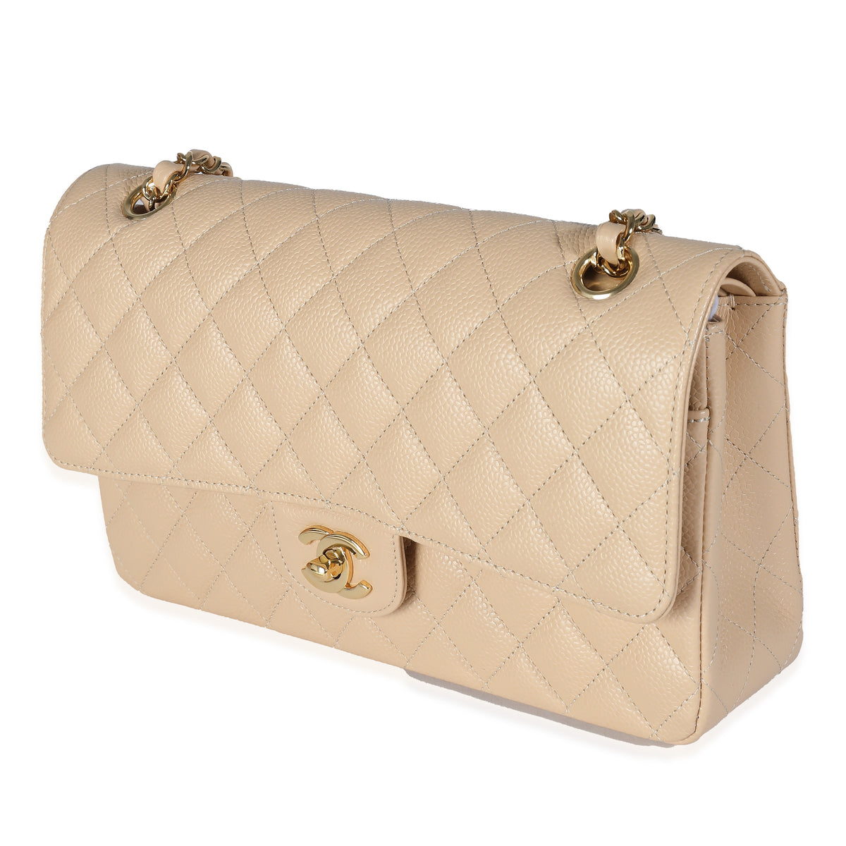 Beige Quilted Caviar Medium Classic Double Flap Bag