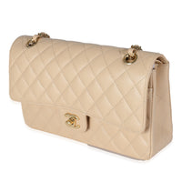 Beige Quilted Caviar Medium Classic Double Flap Handbag