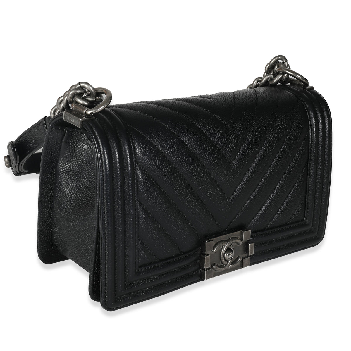 Black Chevron Quilted Caviar Medium Boy Bag