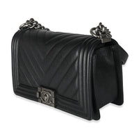 Black Chevron Quilted Caviar Medium Boy Bag