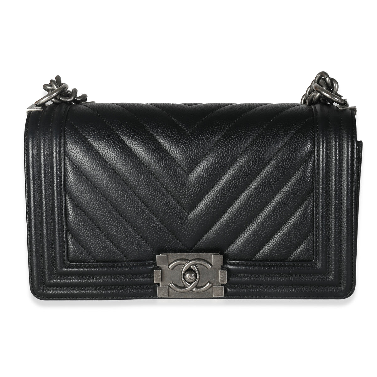 Black Chevron Quilted Caviar Medium Boy Bag