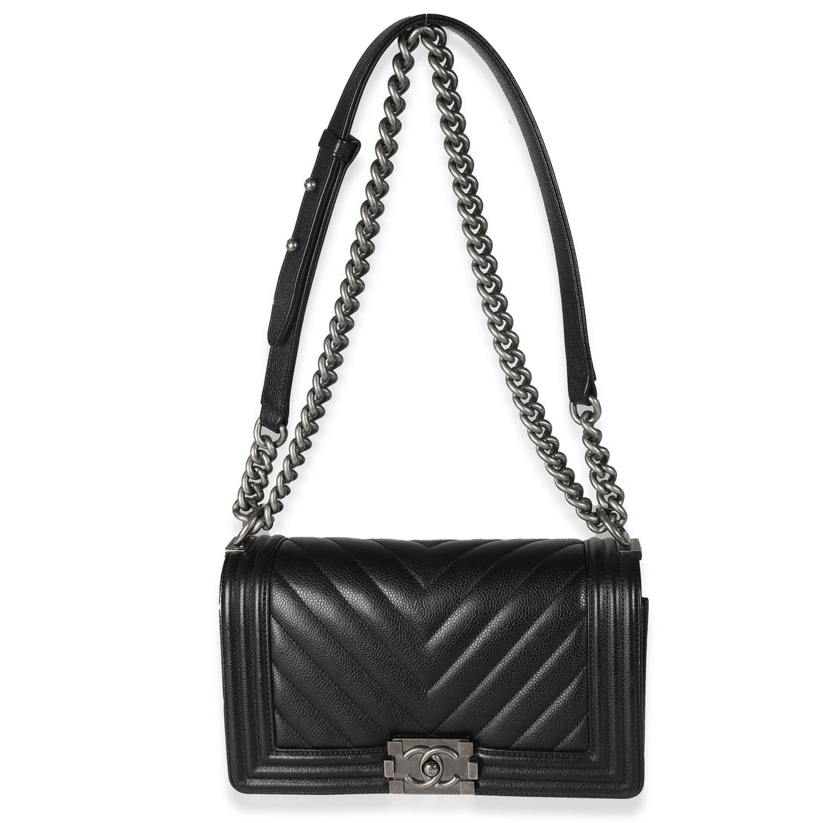 Black Chevron Quilted Caviar Medium Boy Bag