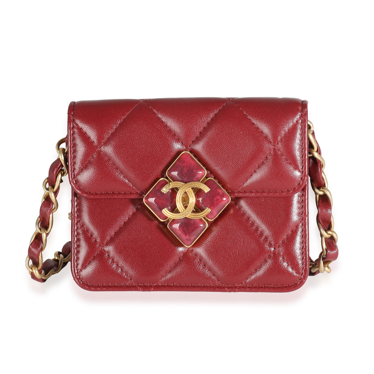 Burgundy Quilted Lambskin Diamond Lock Mini Bag With Chain