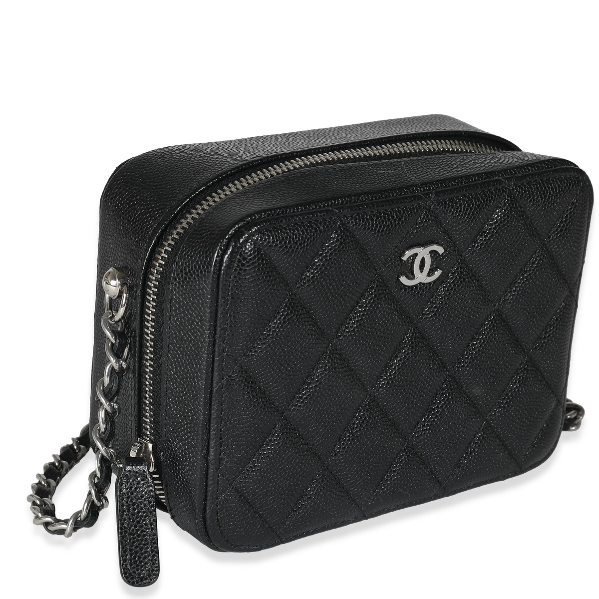 Black Quilted Caviar Square Zip Around Camera Bag